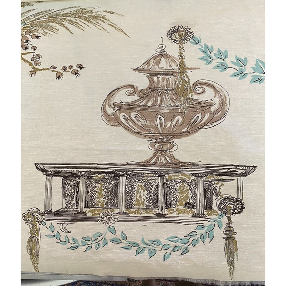 Vintage MCM Cream Brown Aqua Gold Rayon Barkcloth Classic Greek Motif Fabric - Picture 1 of 5